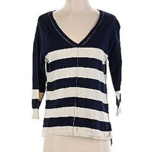 LAURIE B cashmere blend sweater S navy+ivory wide stripe 3/4 sleeve v-neck